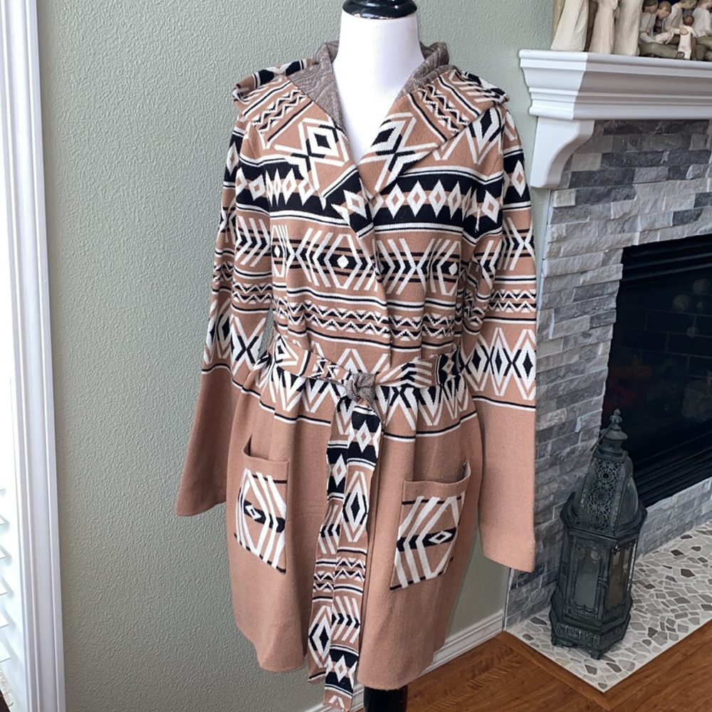 Rachel Zoe Aztec print, belted cardigan with hood